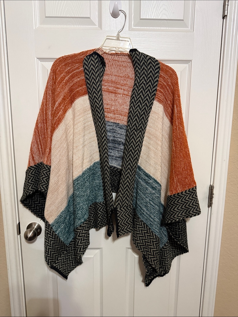 Colorblock Open Front Knit Poncho - Rust, Cream & Teal